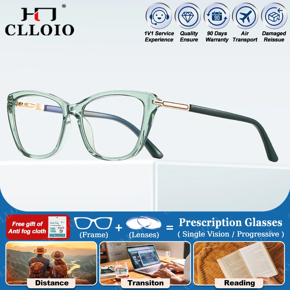 

CLLOIO Classic Anti Blue Light Myopia Photochromic Prescription Glasses Women Cat Eye Reading Multifocal Optical Office Eyeware