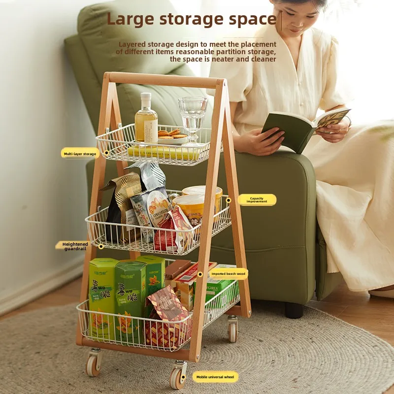 Solid wood household trolley living room movable storage snack rack storage rack multi-layer storage rack finishing rack