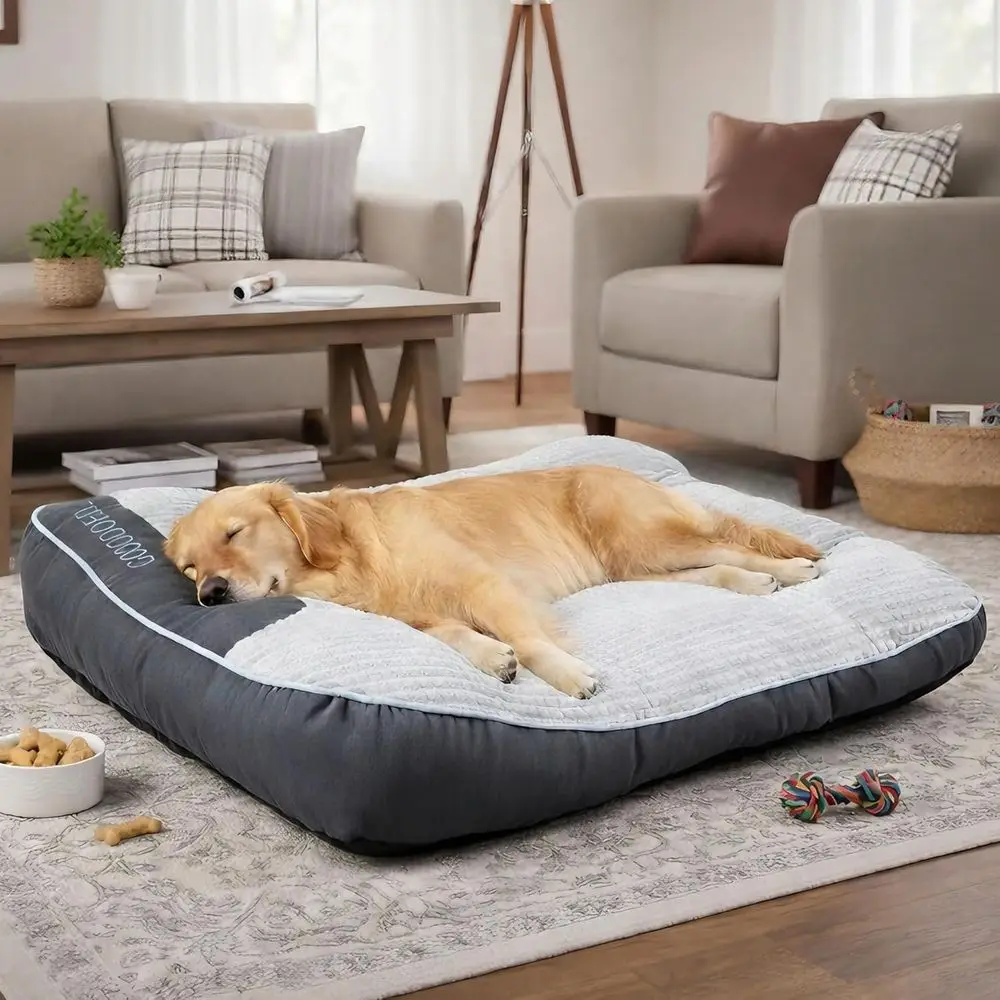 Orthopedic Extra Large Dog Bed for Dogs up to 110 lbs, Thick Plush Mattress & Bolster Pillow, Washable, Non-Slip, Grey 47x37