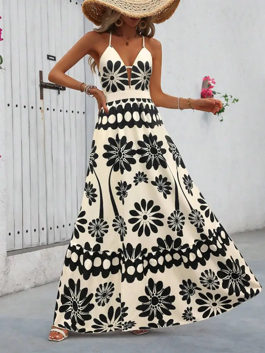 

Cream V-Neck Spaghetti Strap Maxi Dress With Black Floral And Dot Print, Tiered A-Line Skirt For Summer Beach Vacation