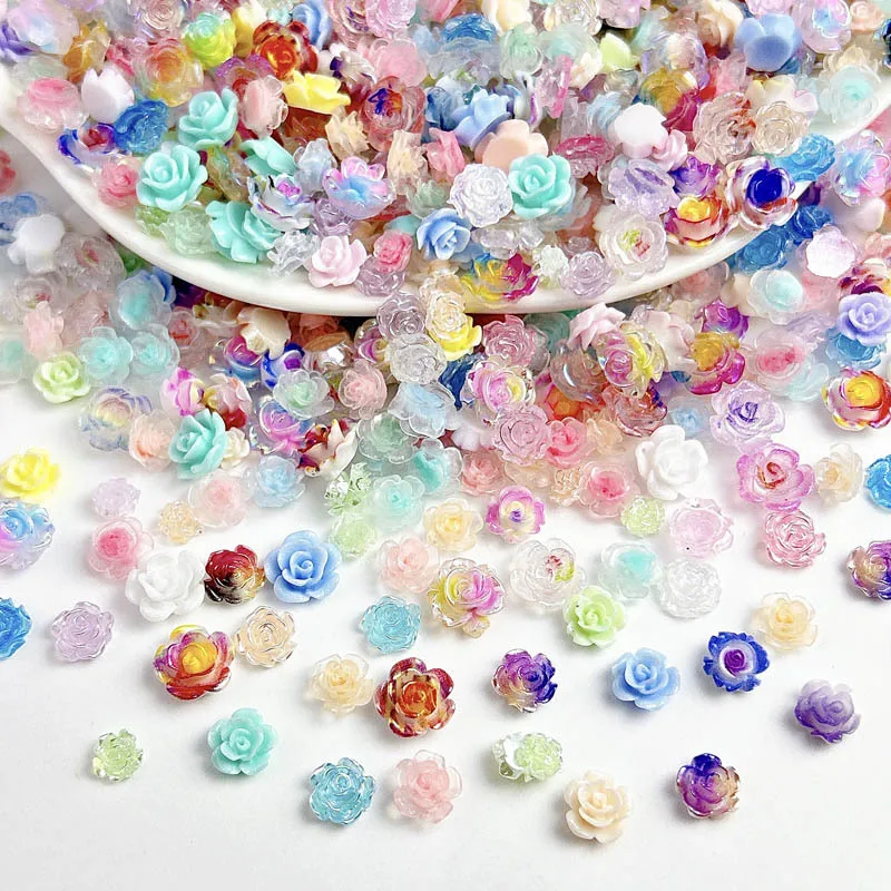 ดอกไม้เรซิ่นผสมแบบสุ่มดอกกุหลาบสีชมพูเสน่ห์ของเล็บด้วยใบไข่มุกสำหรับตกแต่งศิลปะเล็บงานฝีมือเครื่องประดับ DIY 50ชิ้น