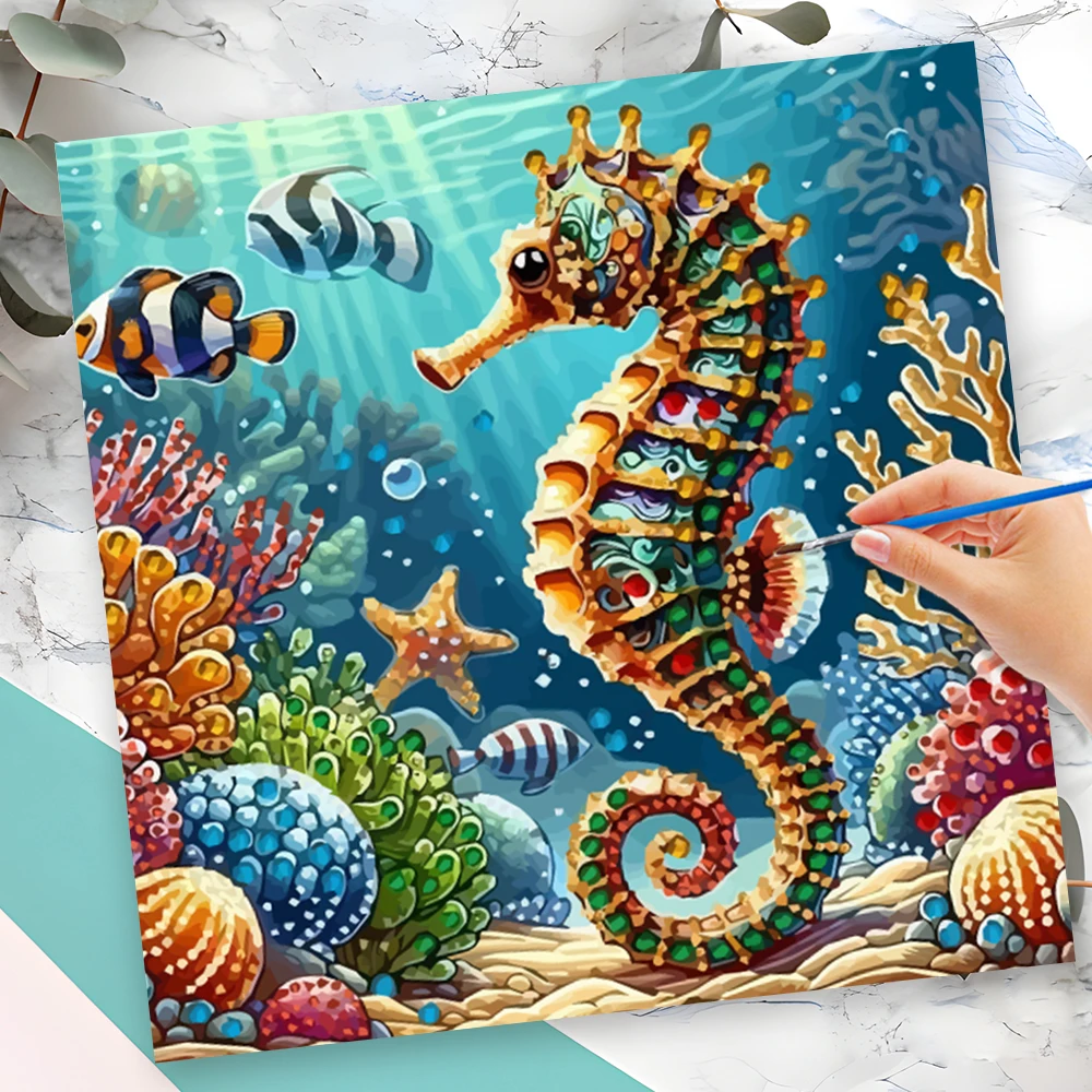 Momoart Neuheiten Malen nach Zahlen Seepferdchen Tier Ohne Rahmen DIY Malerei nach Zahlen Fisch-Deko für Zuhause Handgemachtes Geschenk