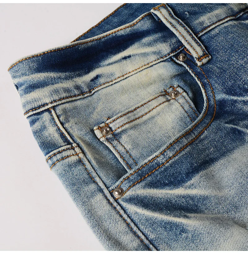 Herren-Lederjeans mit Plissee-Patches, Biker-Stil, Streetwear, Skinny, schmal geschnitten, hochelastisch, Jeanshose mit Löchern, zerrissen, Distressed-Hose – Detail 7