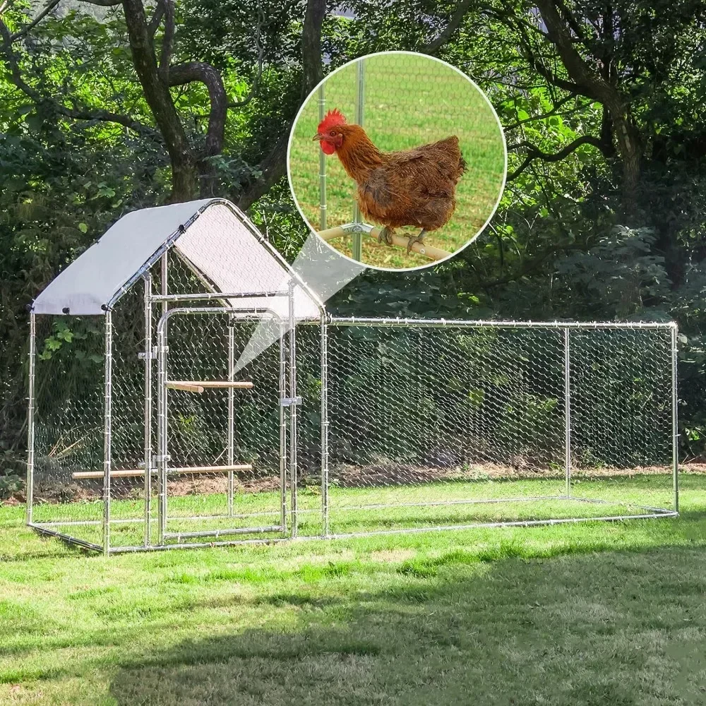 Large Metal Chicken Coop Run, Outdoor Walk-in Poultry Cage with Spire Roof, for Hen House, Duck Coop and Rabbit Run, Silver