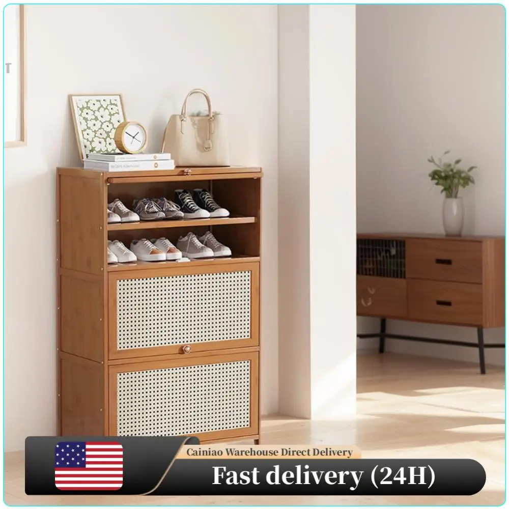 

Bamboo Shoe Cabinet with 2 Flip Drawers & Door Shoe Storage Cabinet Bamboo Free Standing Shoe Storage Shelf for Home Living Room