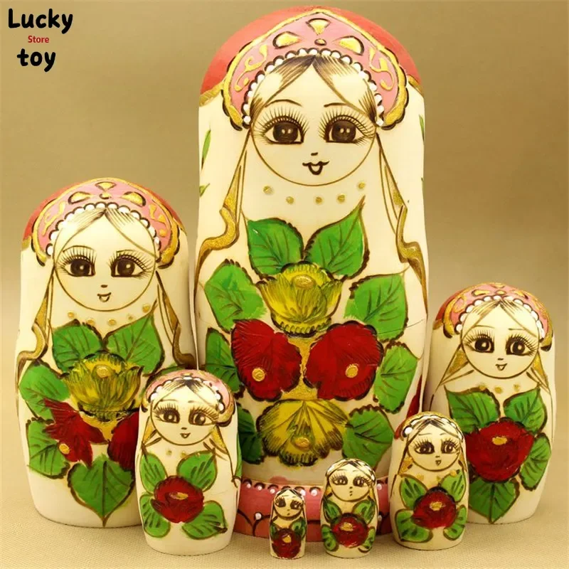 

Mnotht Fashion Green Russian Wooden Dolls 7 Layer Hand-Painted Pen container Dry Basswood Matryoshka Dolls Toy Gift L30