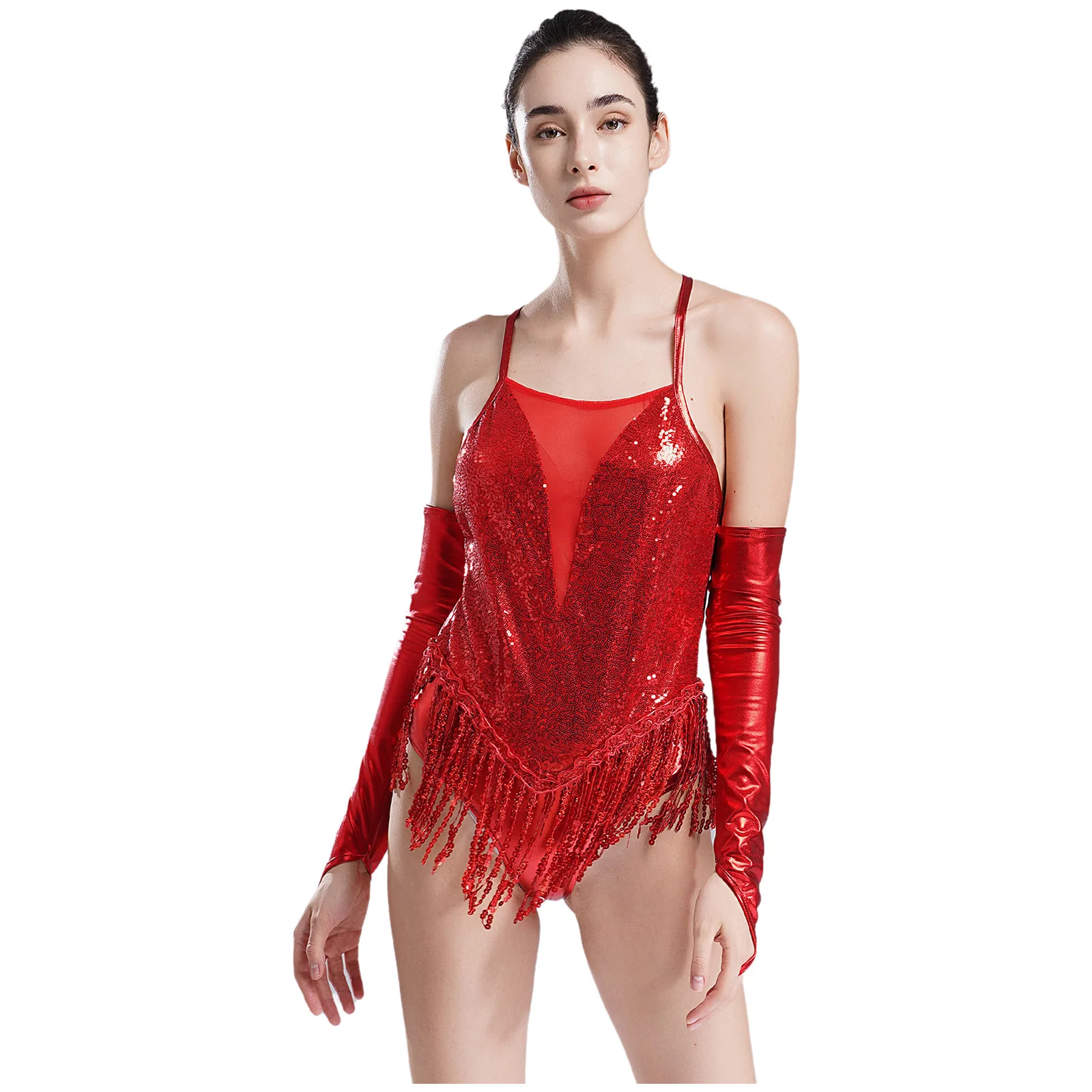 Womens Latin Dance Performance Outfit Sparkling Sequins Fringed Leotard Bodysuit with Elbow Length Metallic Fingerless Gloves