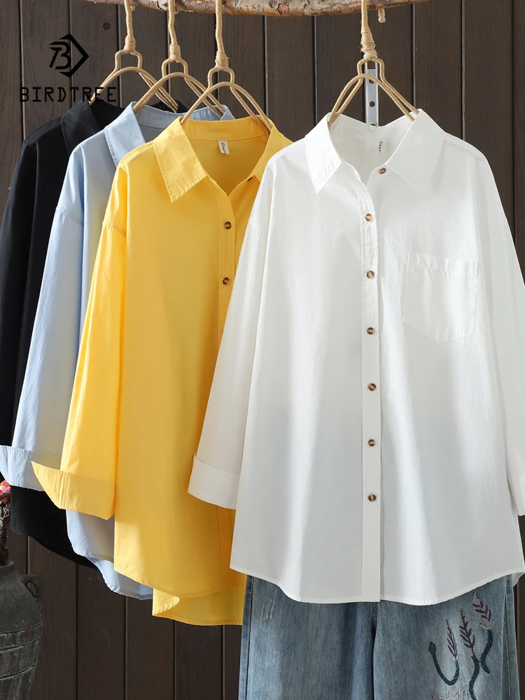 

New 2025 Autumn Cotton Long Sleeve Shirt, Women Turn-down Collar Pocket, Mori Girl Simplicity Loose Mid-Length Blouse T58652CC