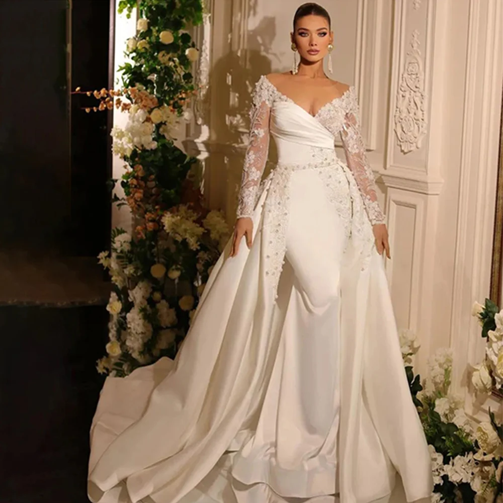 ELegant Mermaid  Wedding Dresses2023 Detachable Train V-neck Long Sleeves Backless Lace Appliques Bridal Gown Vestido De Novia