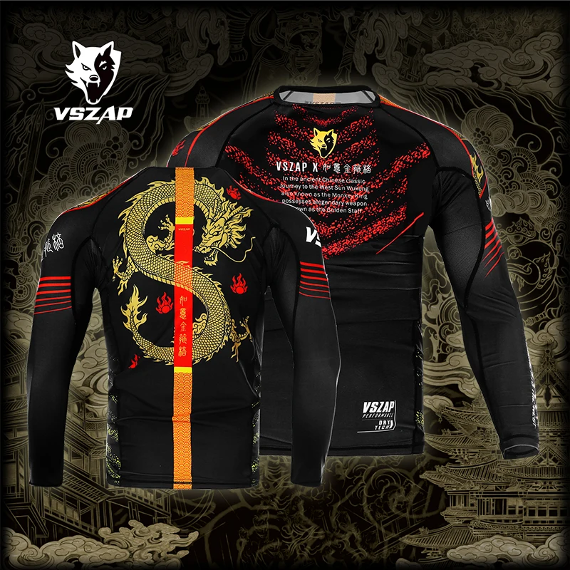 VSZAP Dragon Pattern Alphabet Jiu-Jitsu Boxing Fighting Sports Tights Running Casual Men's Yoga Top Long Sleeve