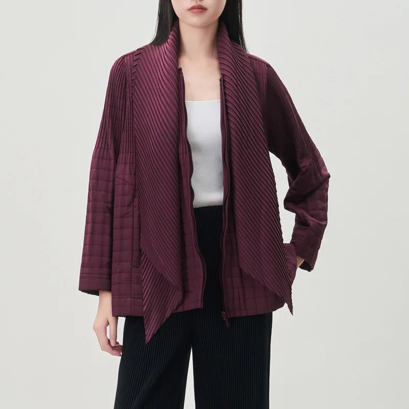 YFPF, nueva chaqueta de invierno para mujer, diseño plisado, bufanda, cuello, retazos, bolsillos con cremallera, abrigo de Color sólido, ropa informal