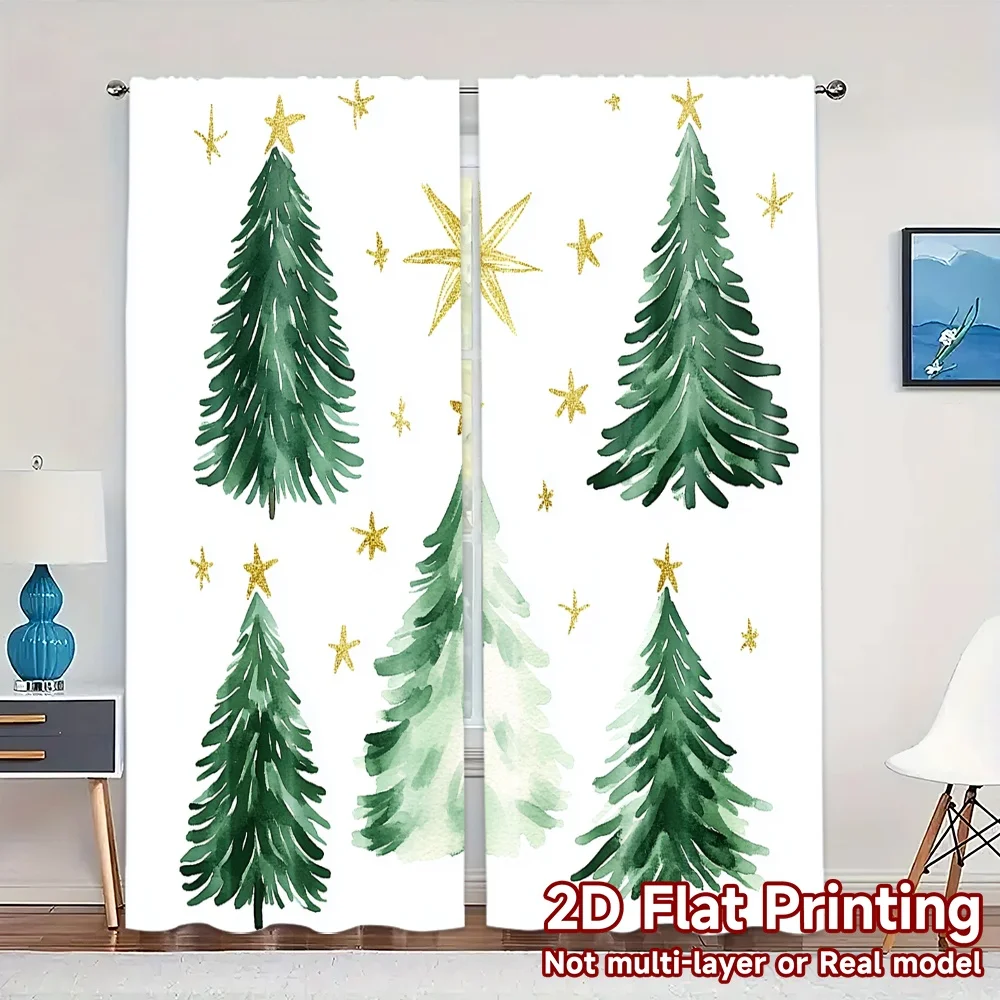 2pcs,Curtains Christmas Tree Snow Stars (3) Fashionable Modern Curtains Durable Polyester Curtains Home Decor Use for Bedroom,
