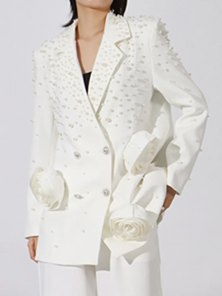 ZMEENNA Elegant ผู้หญิงสีขาวเสื้อแจ็คเก็ตมุกและคริสตัล Embellishments Chic อย่างเป็นทางการ Rose Appliques ZM884