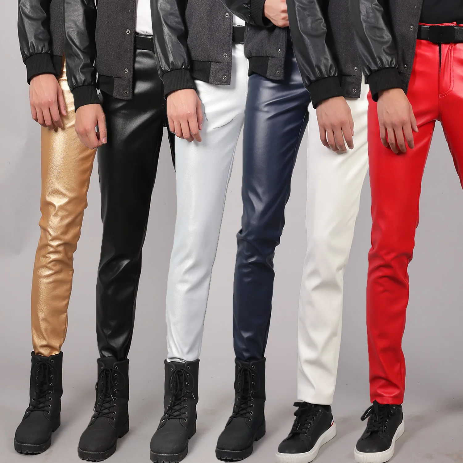 Spring Summer Moto Skinny Elastic Faux Leather Pants Men Black Gold White Thin PU Leather Trousers Brand Men Clothing 28-38 40