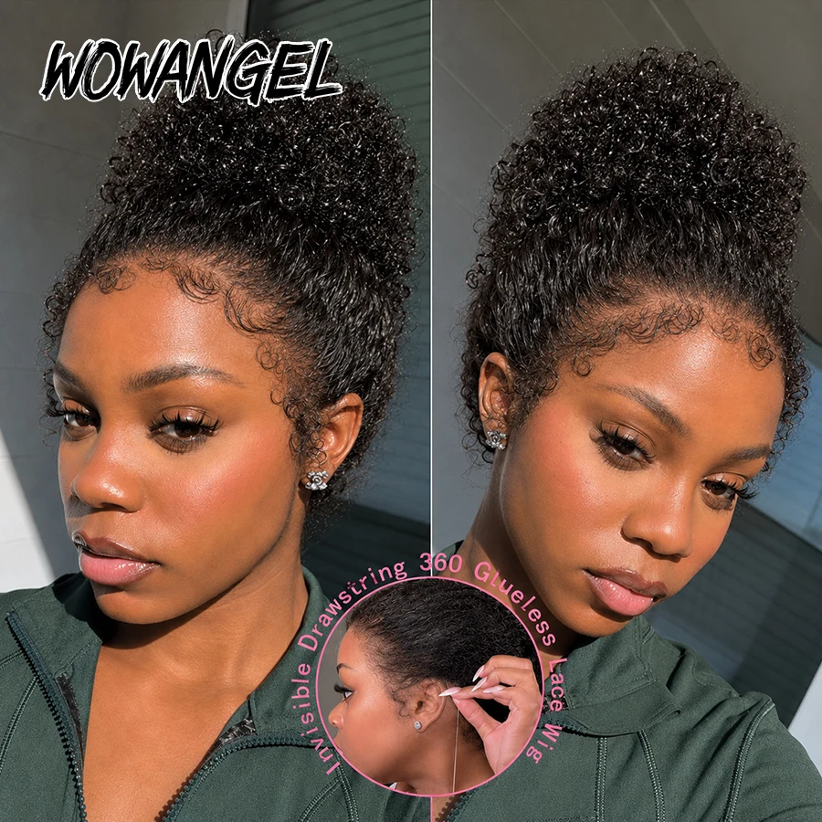 WOWANGEL 4C Curly Edge Glueless 360 Full Lace Frontal Kinky Curly Human Hair Wig Pre Plucked Curly Baby Hair With Invisi-Strap