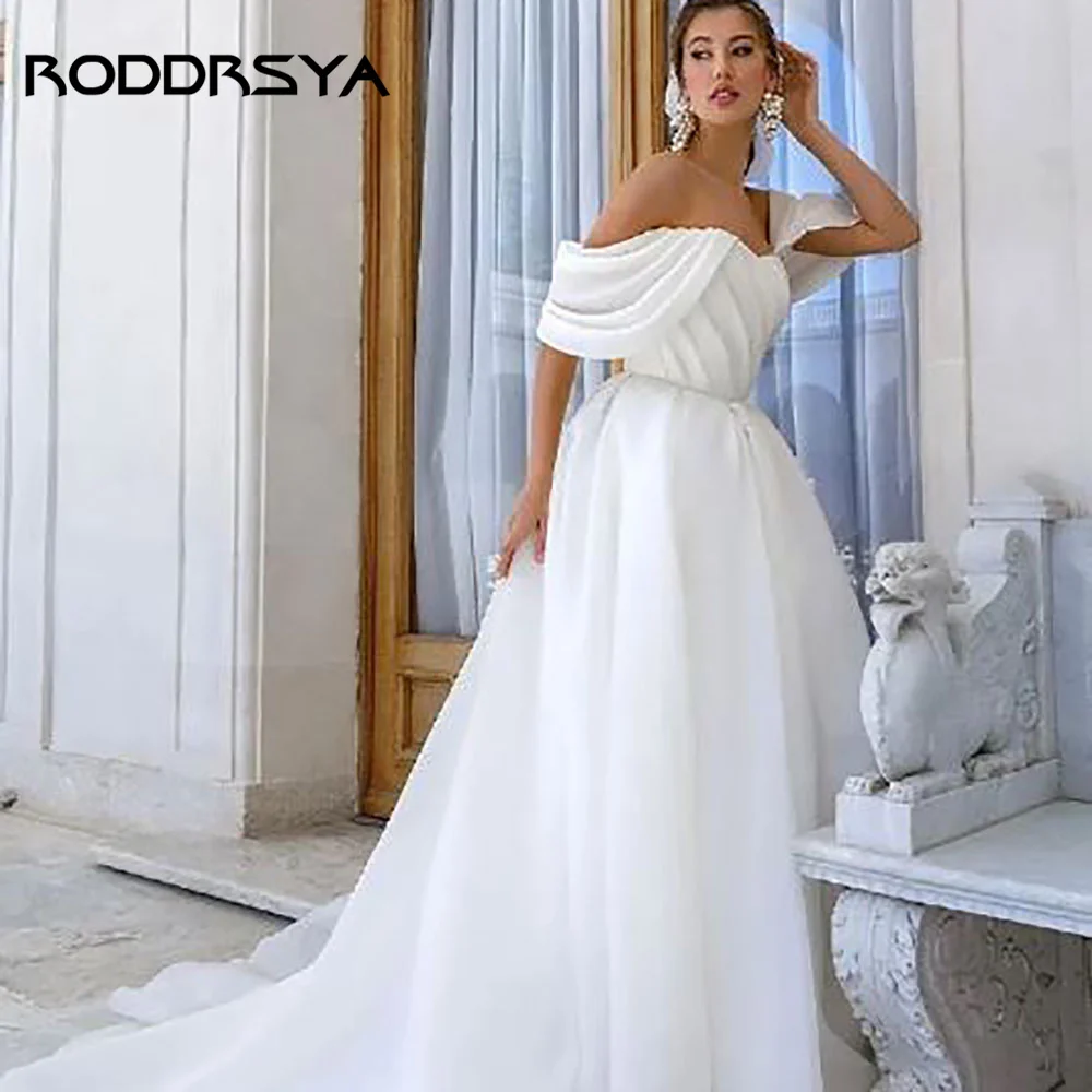 

RODDRSYA Elegant Satin Wedding Dress A-Line Boho Off-Shoulder Sweetheart Short Sleeves Pleat Floor Length Sweep Train Vestido de