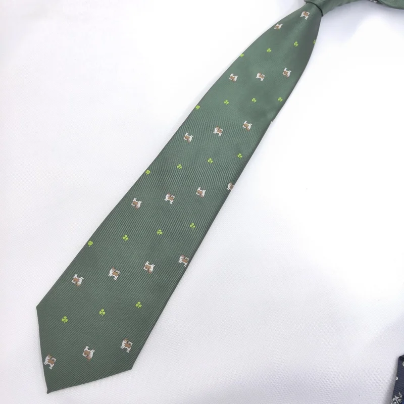 Corbata de Trébol con Diseño de Bulldog Irlandés para Hombre, Verde Oliva, para el Día de San Patricio, Corbata de Negocios Hecha a Mano, 8 cm, 100% Poliéster
