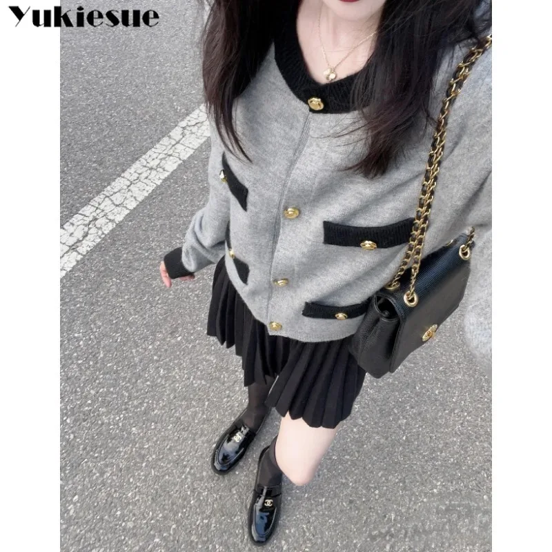 Women's Cardigan gray streetwear  Long Sleeve Tops Retro V-Neck Slim Knitted Casual Sweater Open Front Button Jacket