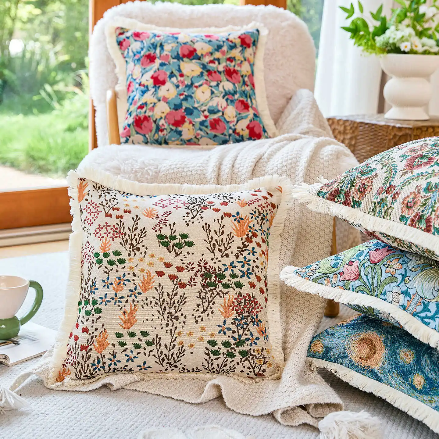 

45x45cm Simple Floral Jacquard Yarn-Dyed Throw Pillowcase Cojines Cotton Linen Sofa Cushion Cover Headboard Pillow Covers