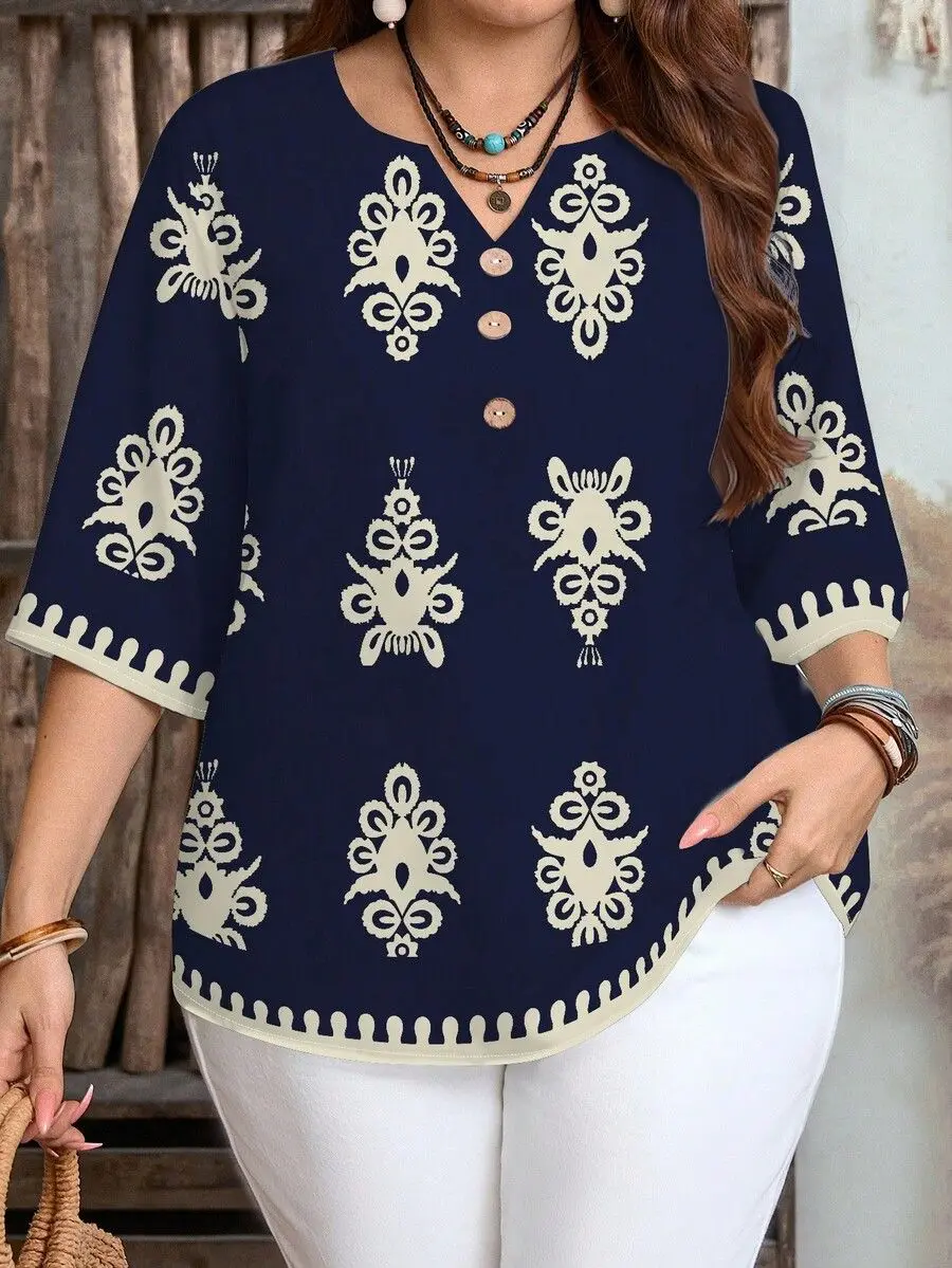 Plus Size Women 3/4 Sleeve V‑Neck Button Blouse Geometric Diamond Ethnic Floral Leaf Marble Print Loose Casual Ladies Tops