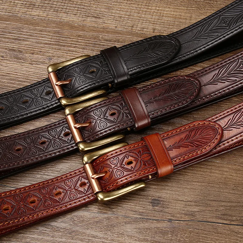 3.8CM Pure Cowhide High Quality Genuine Leather Belts for Men Brand Strap Male Brass Buckle Engrosar Jeans Cowboy Cintos Luxury