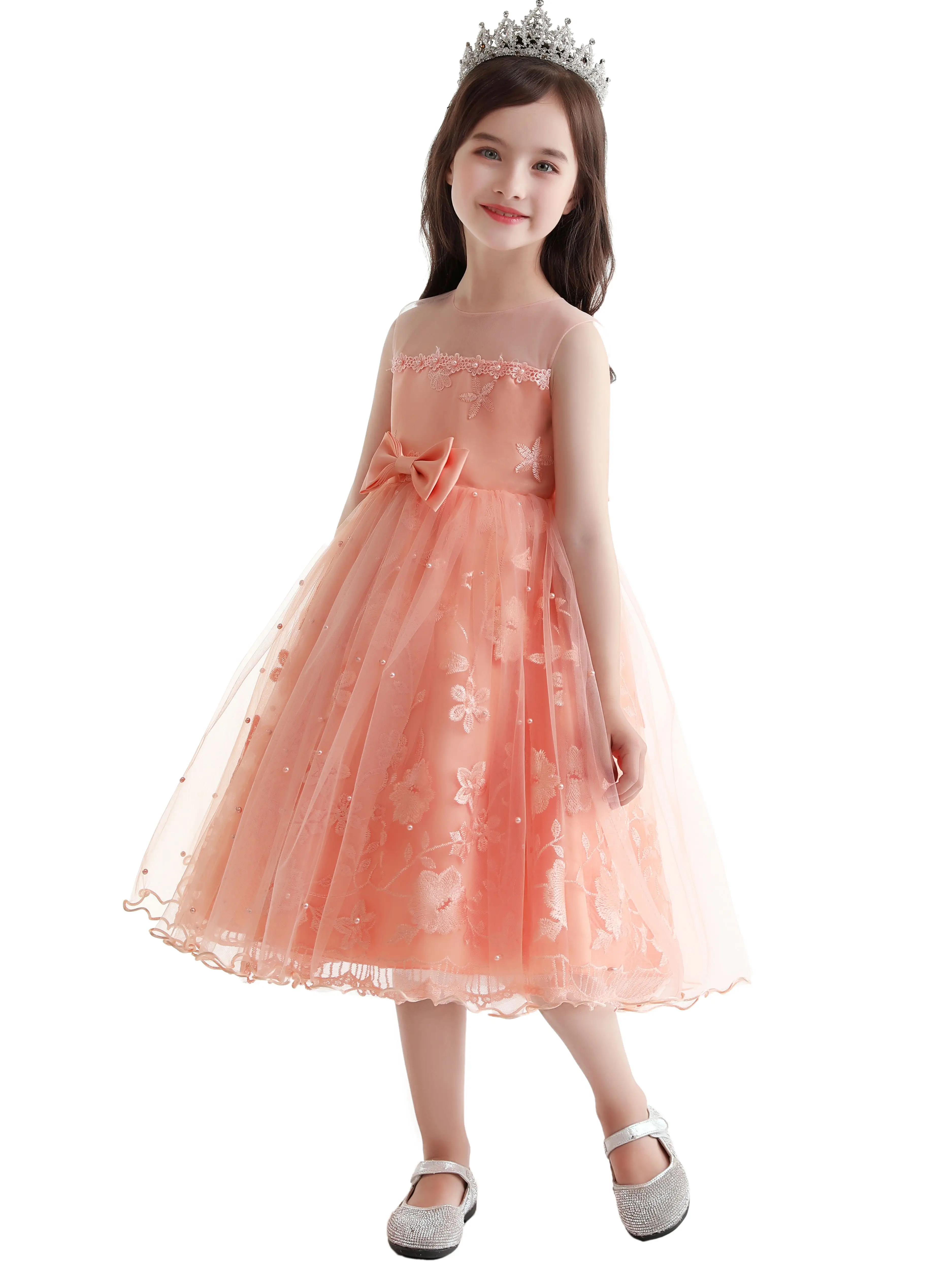 Children's Dress: Bow-Tied Tulle Skirt with Pearl Embroidery, Girls' Dress for Christmas and Holiday Parties