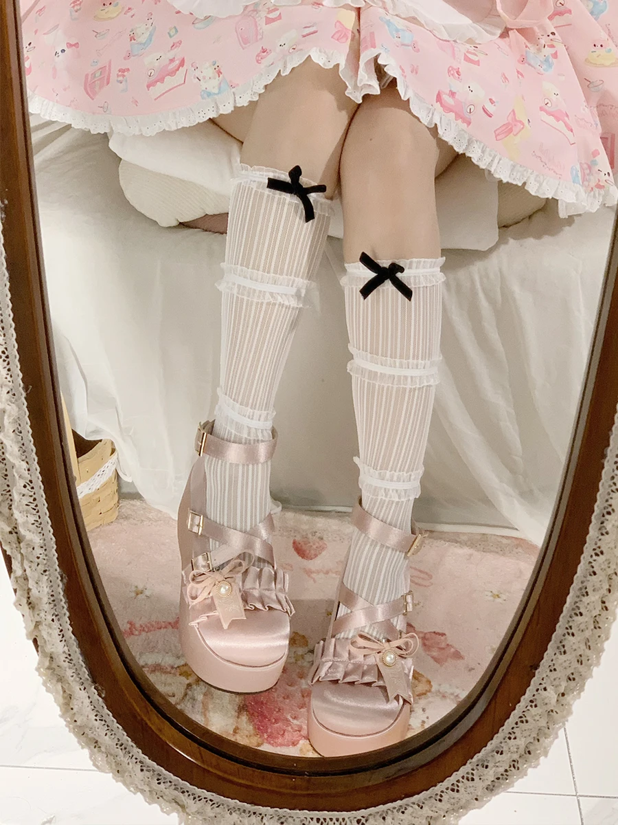 Cute Lolita Women's Shoes 2024 Spring and Autumn Girls Pleated Satin Platform Shoes Thick Bottom Chunky Heel Pumps