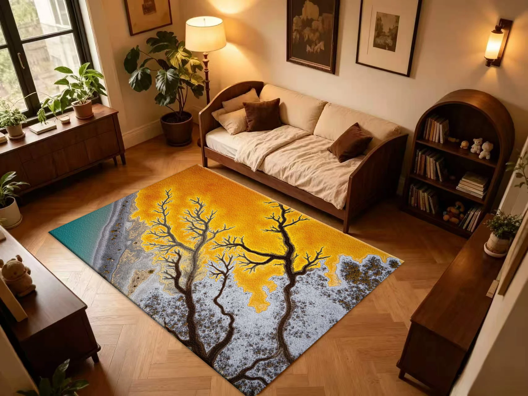 Aerial Abstract River Tree Landscape Carpet Flooring, Golden Yellow Nature Art Non-Slip Area Rug for Living Room Home Decoration