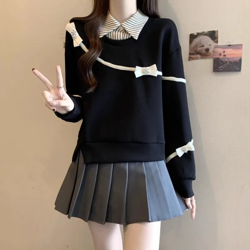 レディース スウェットシャツ ストライプ 韓国風 リボン付き コットン カジュアル ノベルティ Y2K ヴィンテージ 90年代風 フェイクツーピース風 女性用プルオーバートップス