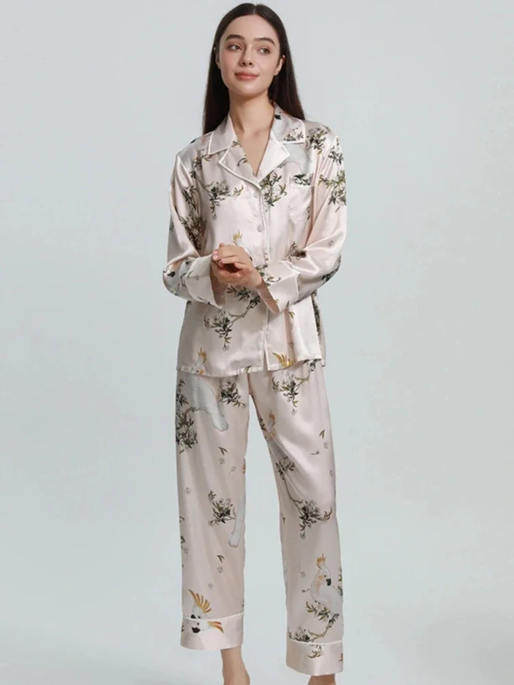 22 مللي متر 100% التوت الحرير المطبوعة ملابس النوم بيجامة مجموعة زر أسفل التلبيب Homewear سترة بيجامة من الحرير الحقيقي الفاخرة المتسكعون PJS