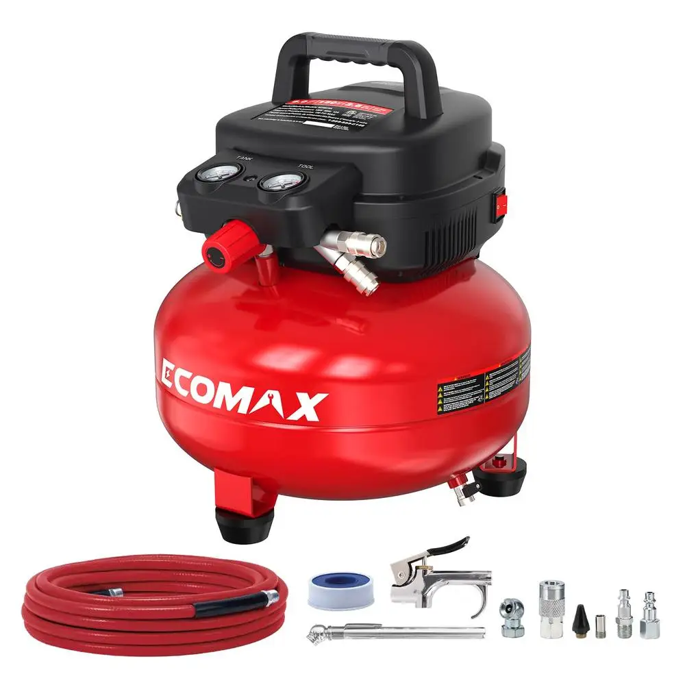 6 Gallon Pancake Air Compressor Portable Tire Inflator 150 PSI Kit Accessories Nozzle Blow Gun Sleeve Oil-free Tank Dual Gauges