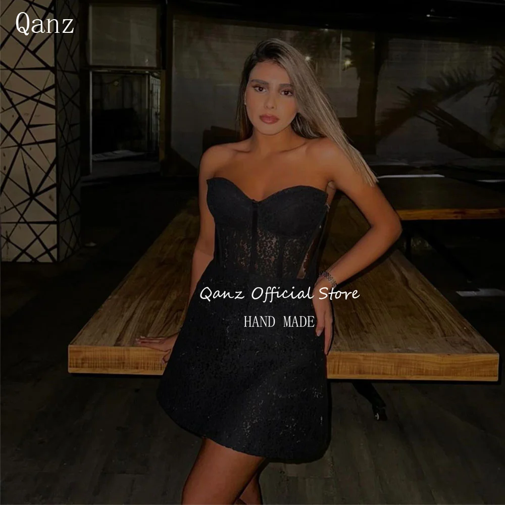 

Qanz Black Lace Appliques Pron Dresses Mermaid Mini Vestidos Para Eventos Especiales Strapless Sexy Short Robes De Cocktail