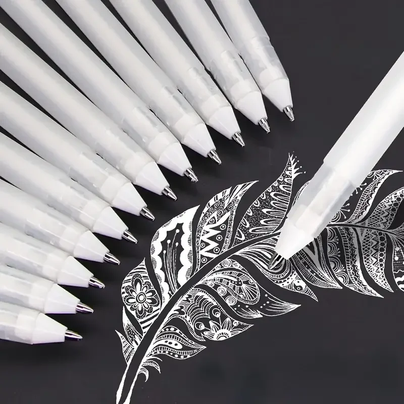 2/5/10pcs White Gel Pen Set for Comics & Art - Sketch & Animation Pens, Highlight on Black Background, White Text & Line Drawing