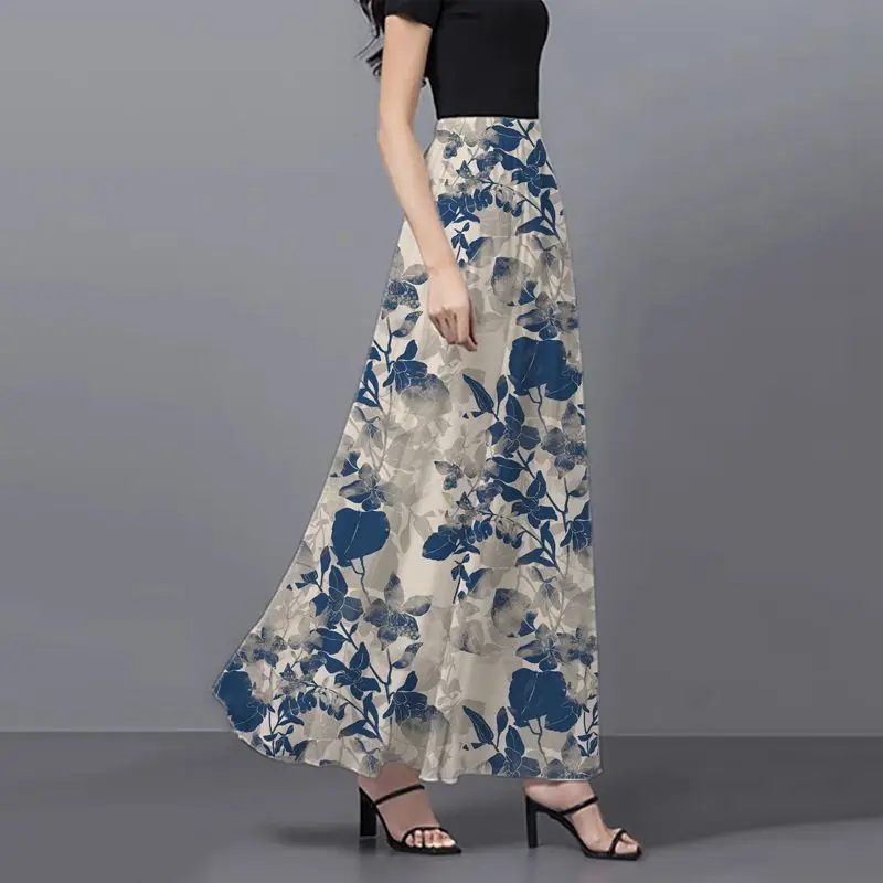 Summer Chiffon Skirts 2025 Korean Style Printed High Waist Floral Elastic Waist Casual Overknee Long Skirt