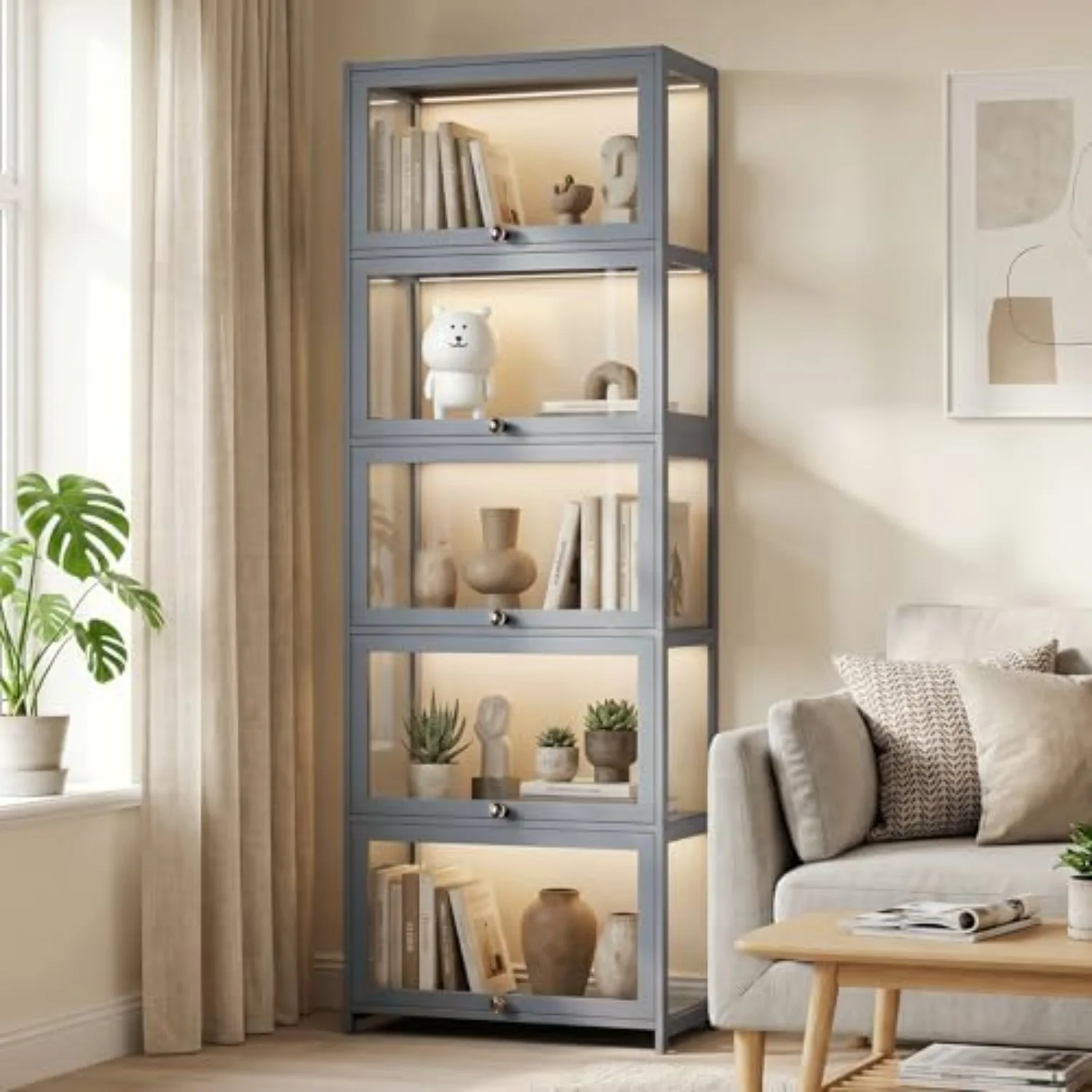 Display Cabinet, 5-Tier Display Case with Acrylic Doors, Large Curio Cabinet for Collectibles, Clear Showcase for