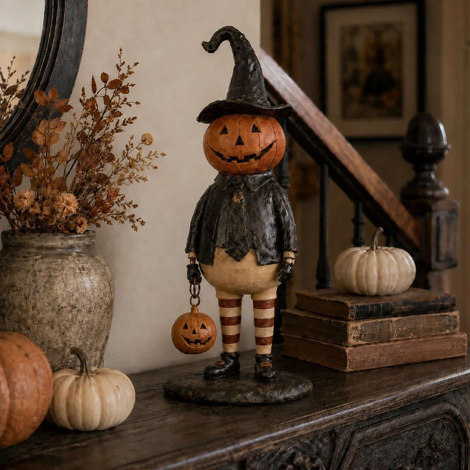 Light Up Lantern Statue with Handheld Pumpkin Light Trendy Halloween Pumpkins Home Decor for Mantel Shelf Fall Autumn Display