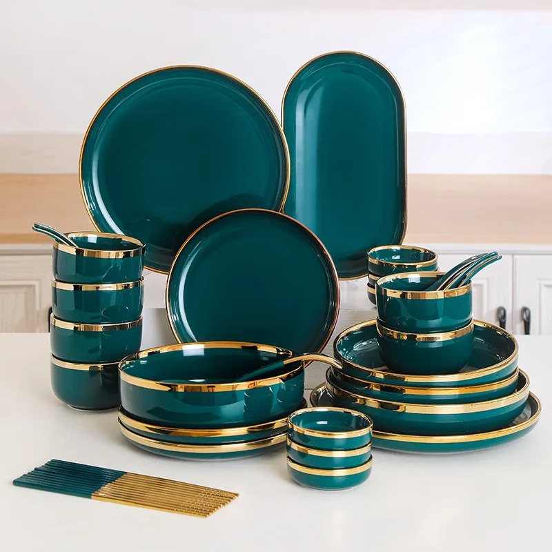 Ceramic Plate Tableware Set Dishes Deluxe Green Plate Set Salad Soup Bowl Hotel
