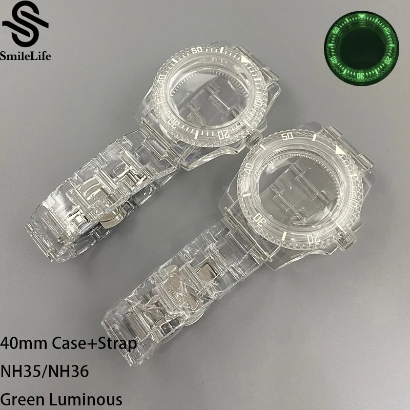 

SmileLife 40mm Fashion Acrylic Glass Transparent Plastic Green Luminous Bezel Watch Case Fit NH35/NH36 Automatic Movement
