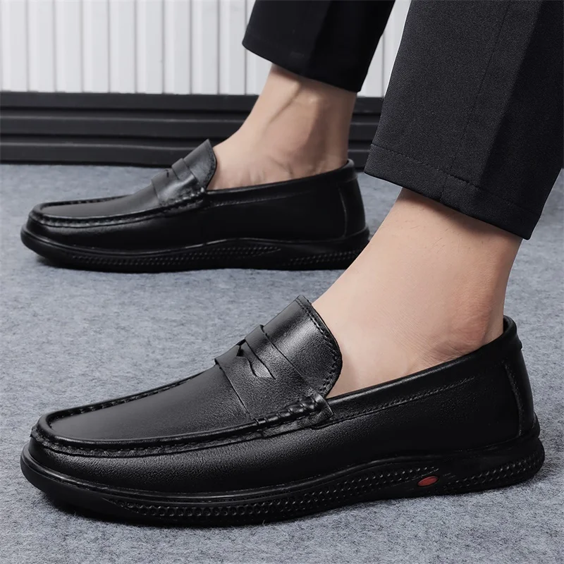 

2023 Men's Genuine Leather Shoes 38-45 Head Leather Soft Anti-slip Rubber Loafers Shoes Man Black Casual Real Leather Shoes