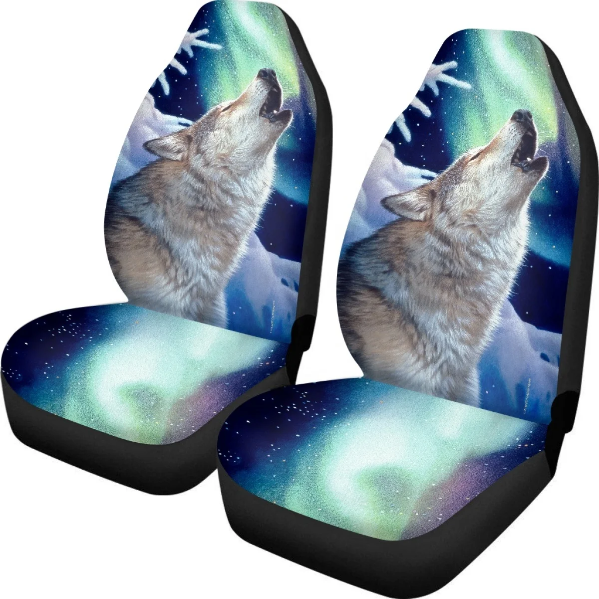 Suitable For Car Seat Cover Cool White Wolf and Aurora Print Universal Polyester Fabric Front And Rear Bench Protection 2024