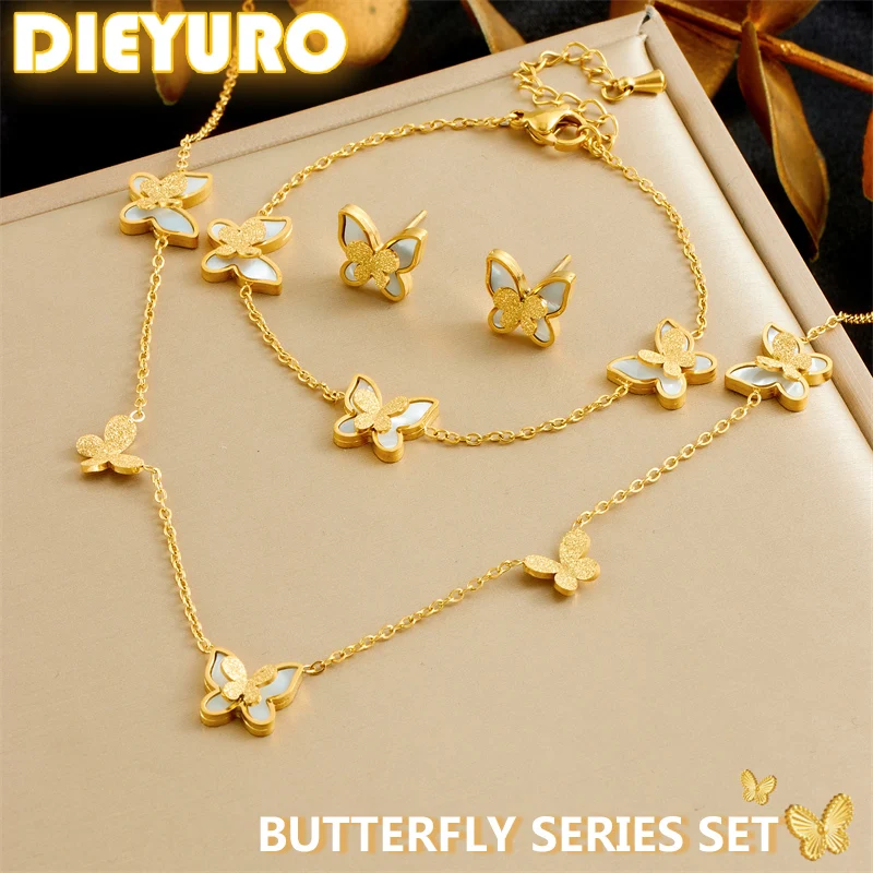 DIEYURO stal nierdzewna 316L złoty elegancki biały muszla seria motyli zestaw naszyjnik kolczyki bransoletka Trend biżuteria prezent