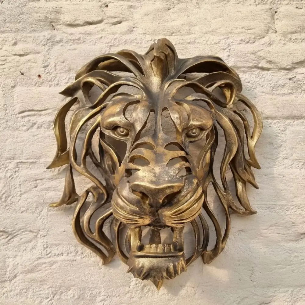 Gold Hollow Lion Head Statue Resin Art Powerful Symbolism Lion Head Wall Mounted Lion Head Shape Large Lion Head Sculpture