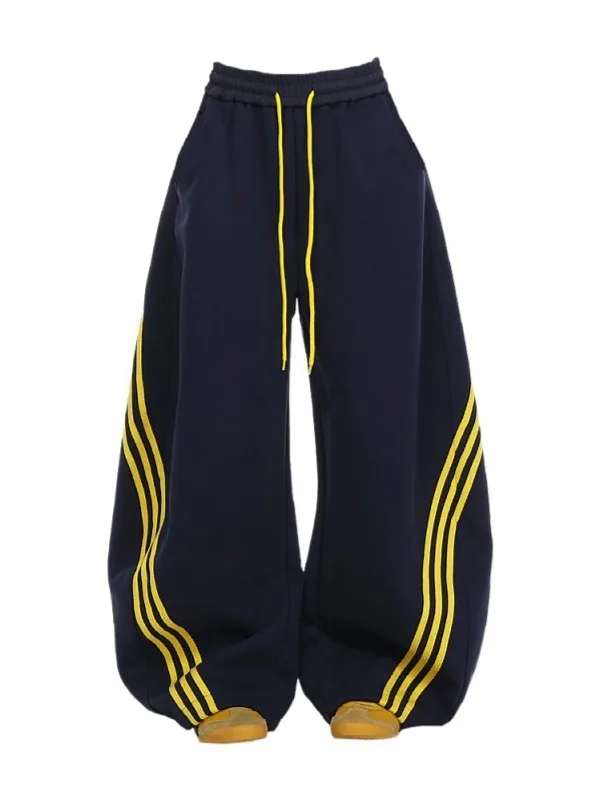 الأمريكية الرجعية المحملة المشارب اللون بلو واسعة الساق سكين السراويل النسائية فضفاضة تنوعا Sweatpants الصيف تصميم الشعور