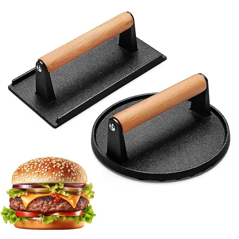 Prensa para carne de hierro fundido de alta resistencia con mango de madera, redonda y rectangular, antiadherente, para tostadas y paninis