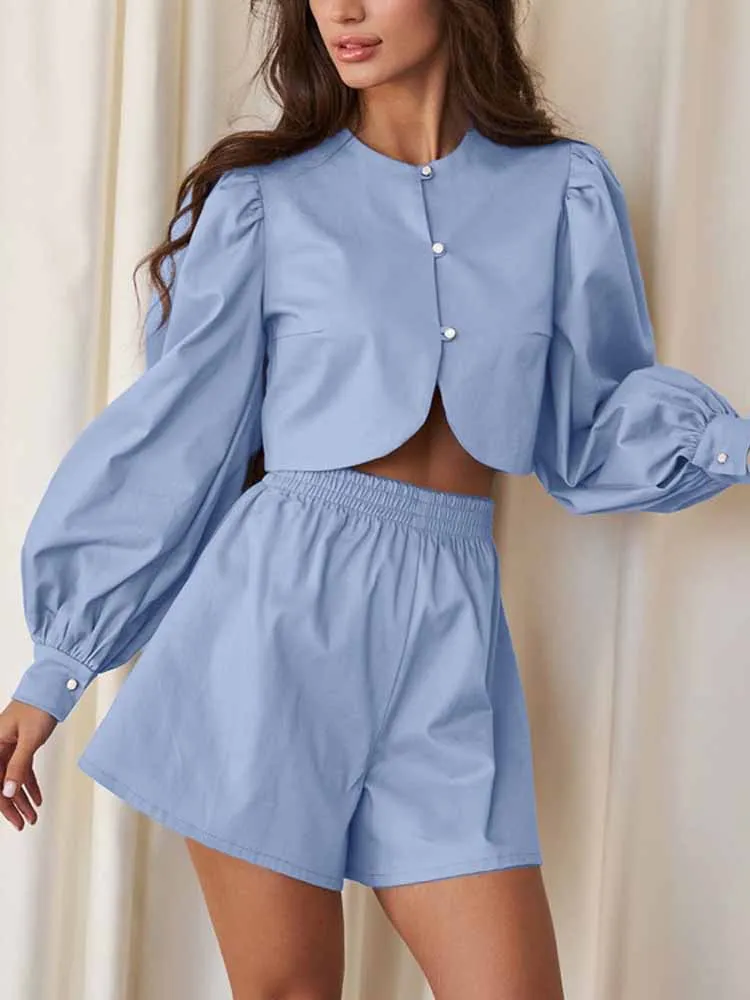 

MCDV Cotton Blue Women's Two Piece Set Elegant O-Neck Long Sleeve Button Crop Top Elastic Waist Shorts Female Daily Home Clothes