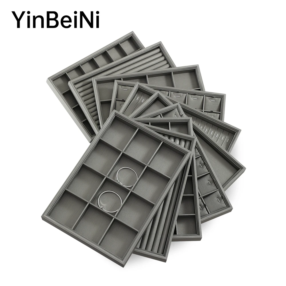 

YinBeiNi Gray PU Leather Jewelry Display Tray Stackable Jewelry Organizer Case for Ring Bracelet Necklace Earrings