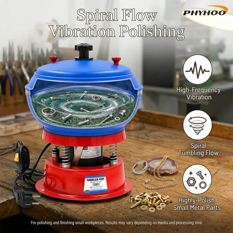 PHYHOO Vibratory Tumbler Polisher for Jewelry Jade Agate Small Metal Parts High Frequency Spiral Flow Finish Machine DIY Craft T