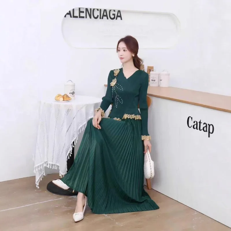 Miyake Pleated Plus Size Dresses Plisse 2026 Spring New Loose Beaded Three-dimensional Flowers Temperament Elegant Long Skirt