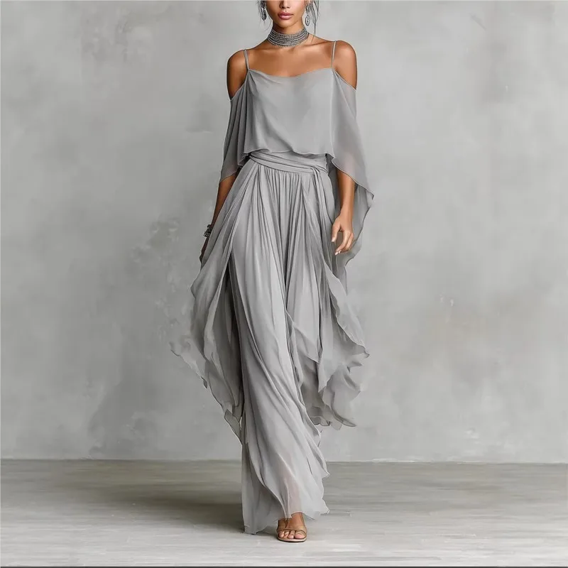 

Summer Chiffon Casual Outfit Ladies Elegant Commuting Party Suits Simple Solid Color Off Shoulder Top+Pants Two Piece Set