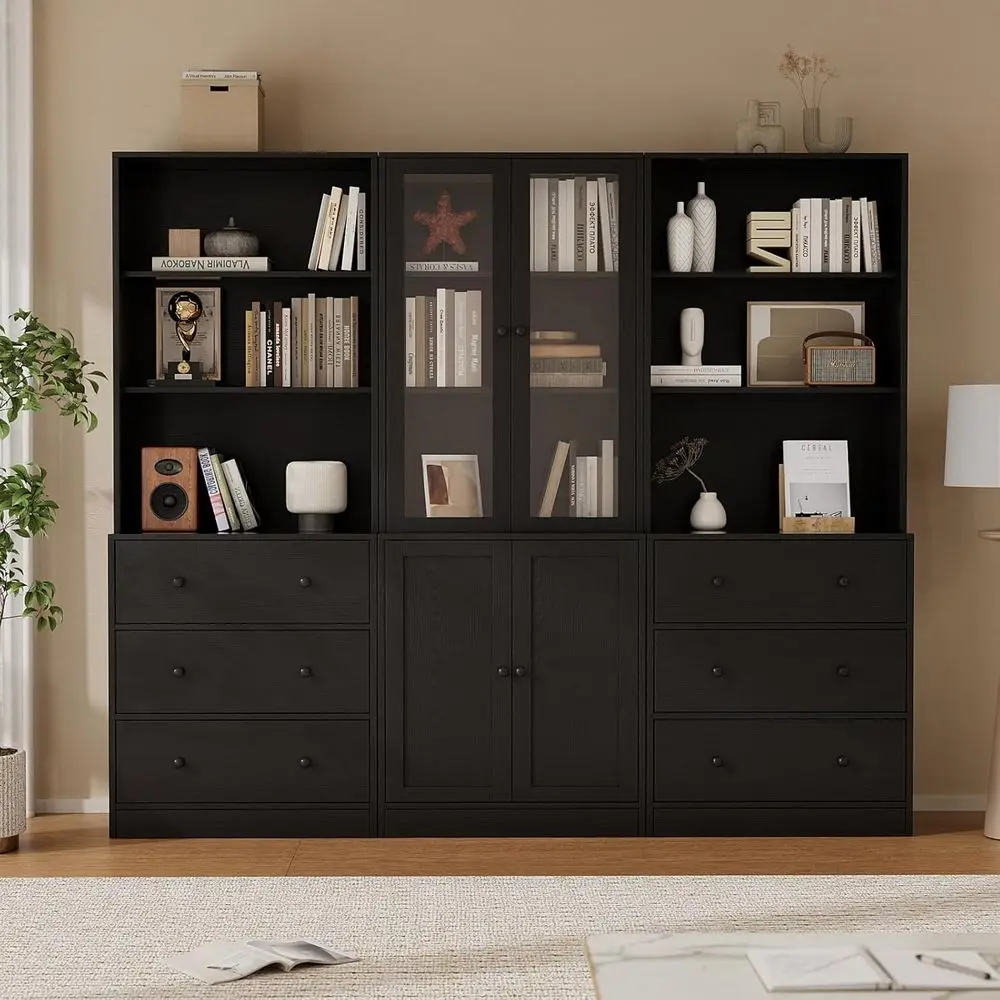 

71" H Bookshel with Storage, 6-Tier ern Bookshelves with 3 Large Der, Display Bookcase with Glass Do, ern 5-Tier Curio Cabinet o